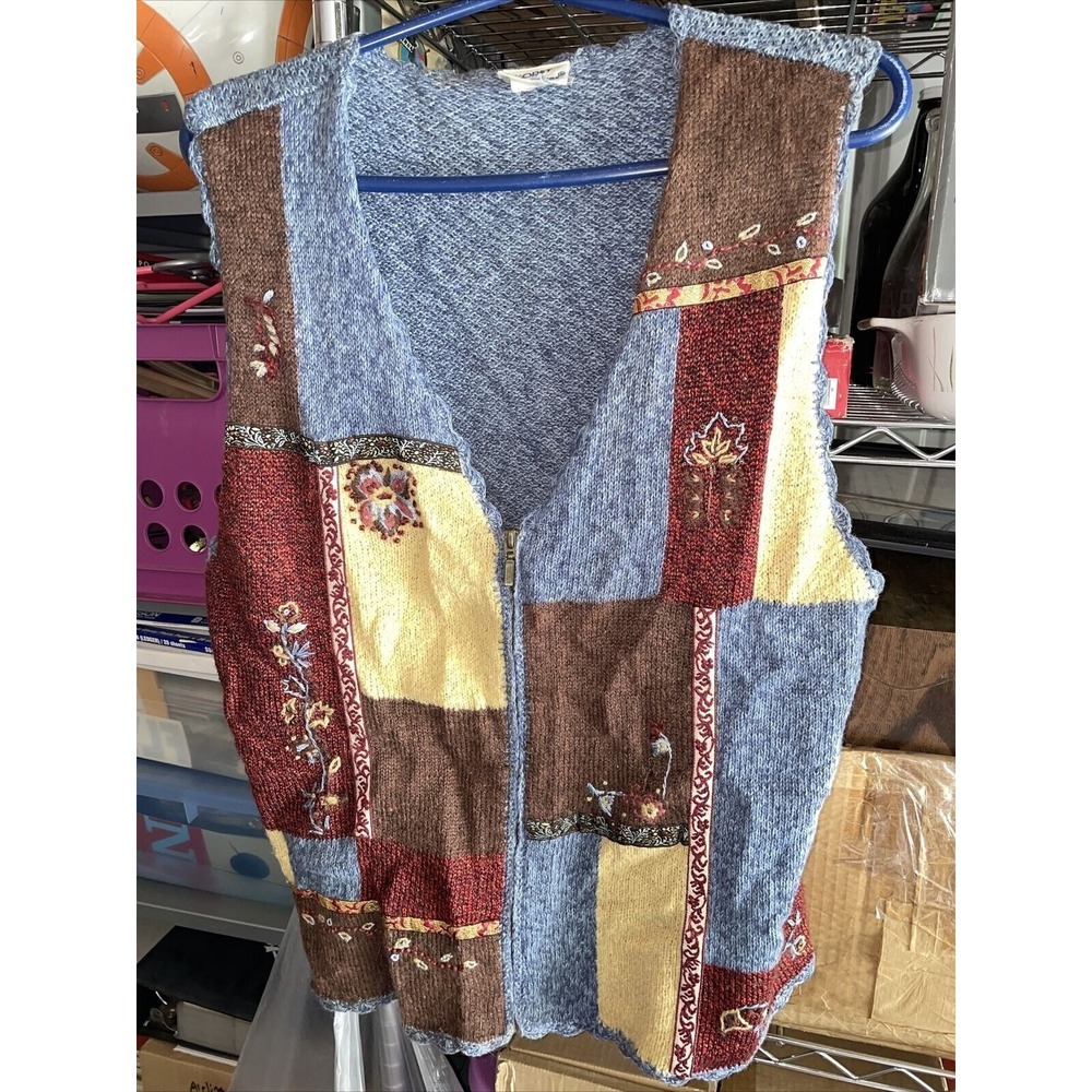Koret City Blues 70s Women's Fall Theme Embroidered Wool/Cotton Sz L Zip Up Vest